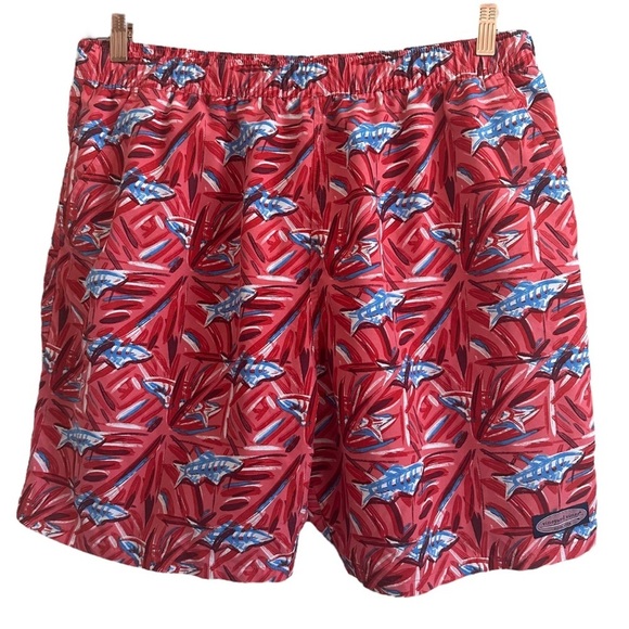 Vineyard Vines Red Blue Batik Shark Print Swim Trunks Shorts Mens Size XL - Picture 1 of 12